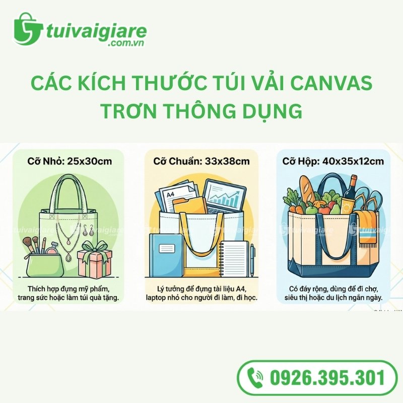 kích thước túi vải canvas trơn phổ biến