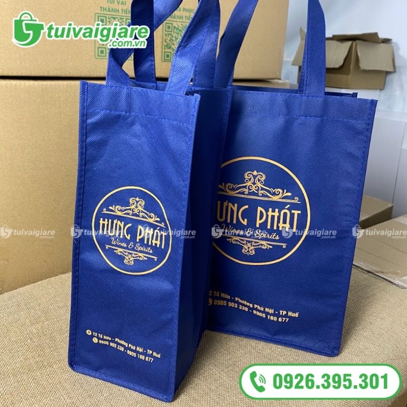 túi vải quà tết đựng rượu màu xanh