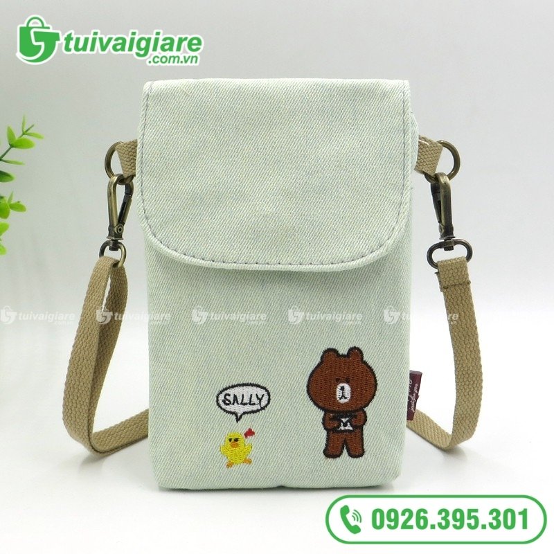 túi vải đựng điện thoại thêu gấu